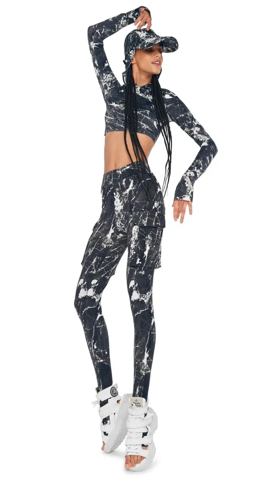 Norma Kamali Bottoms CARGO LEGGING W FOOTIE Black Marble 8211 Clothing