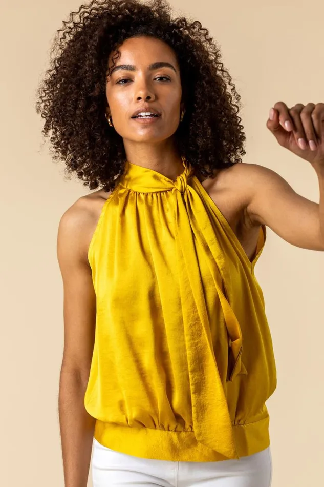 Ochre High Neck Tie Detail Top Women Roman Tops