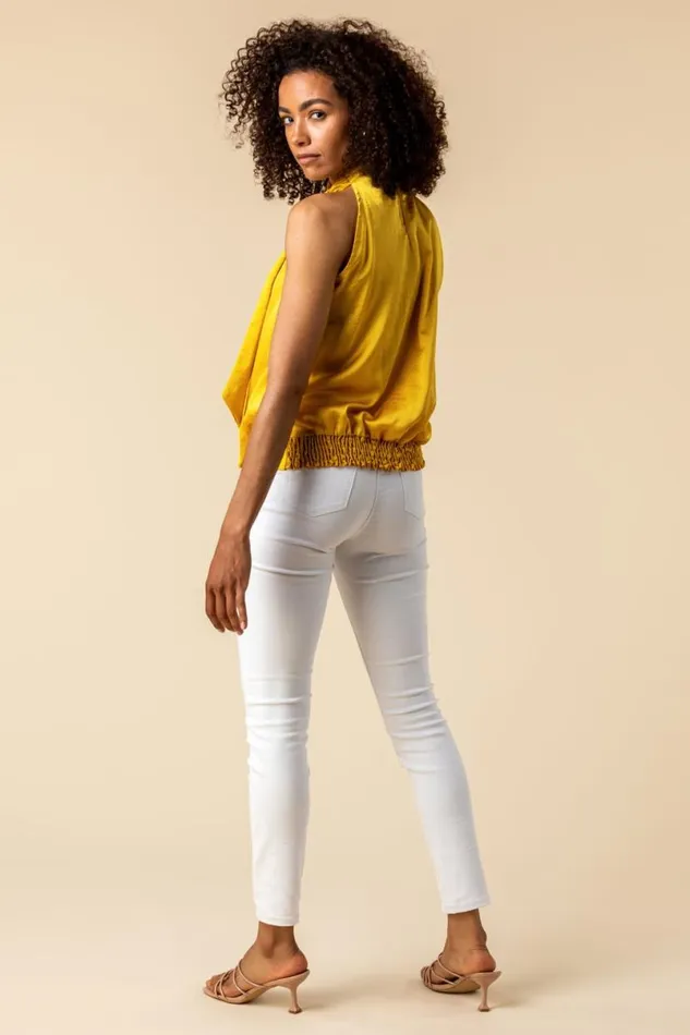 Ochre High Neck Tie Detail Top Women Roman Tops