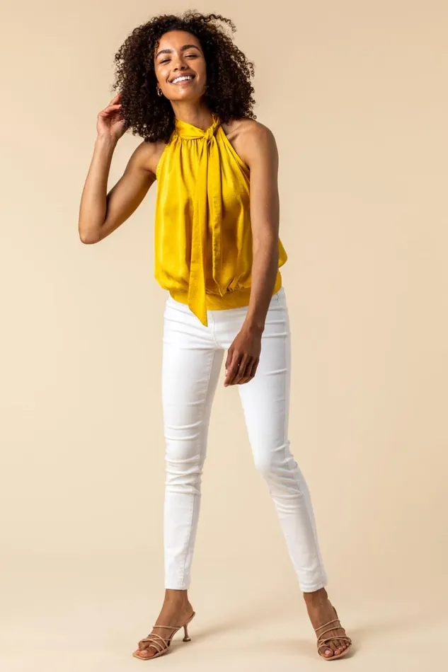 Ochre High Neck Tie Detail Top Women Roman Tops