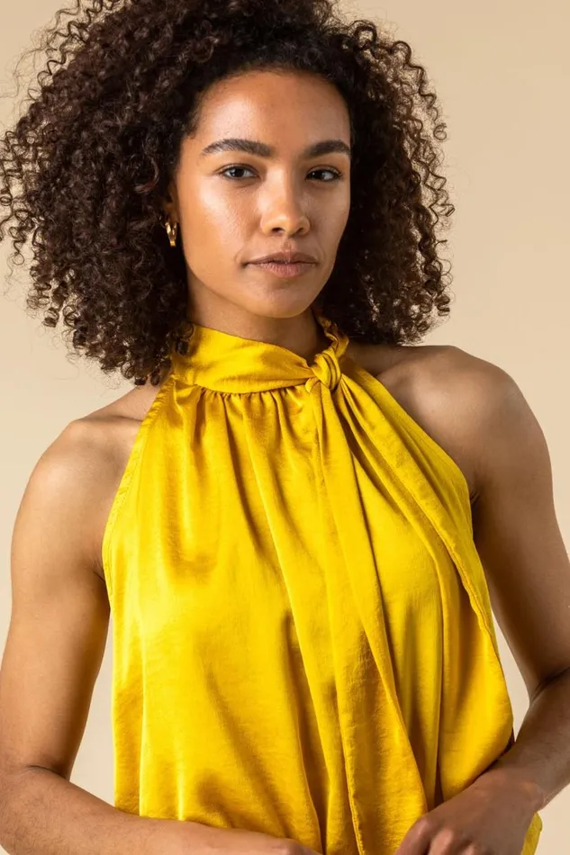 Ochre High Neck Tie Detail Top Women Roman Tops