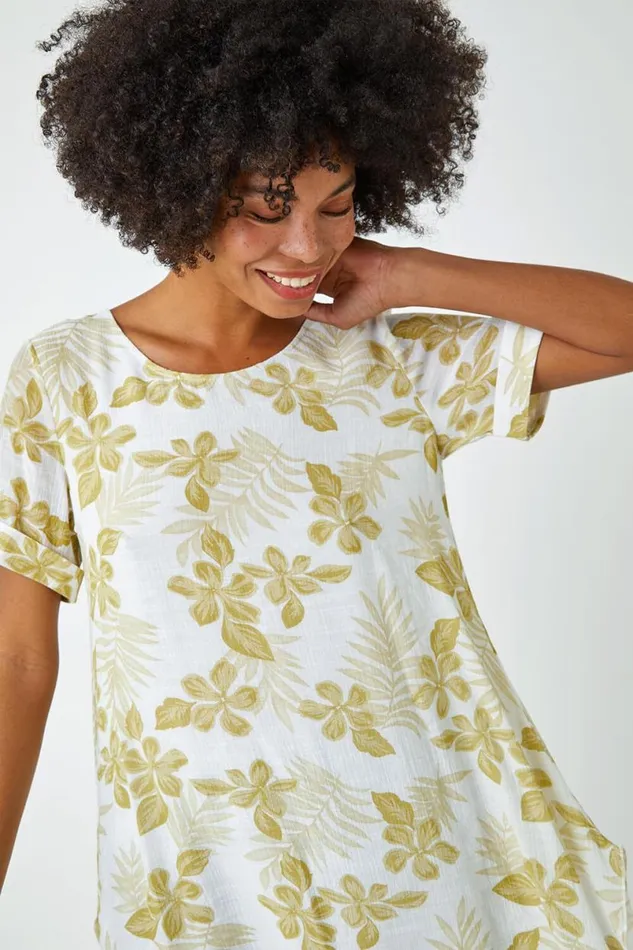 Olive Palm Print Hanky Hem Tunic Top Women Roman Tops
