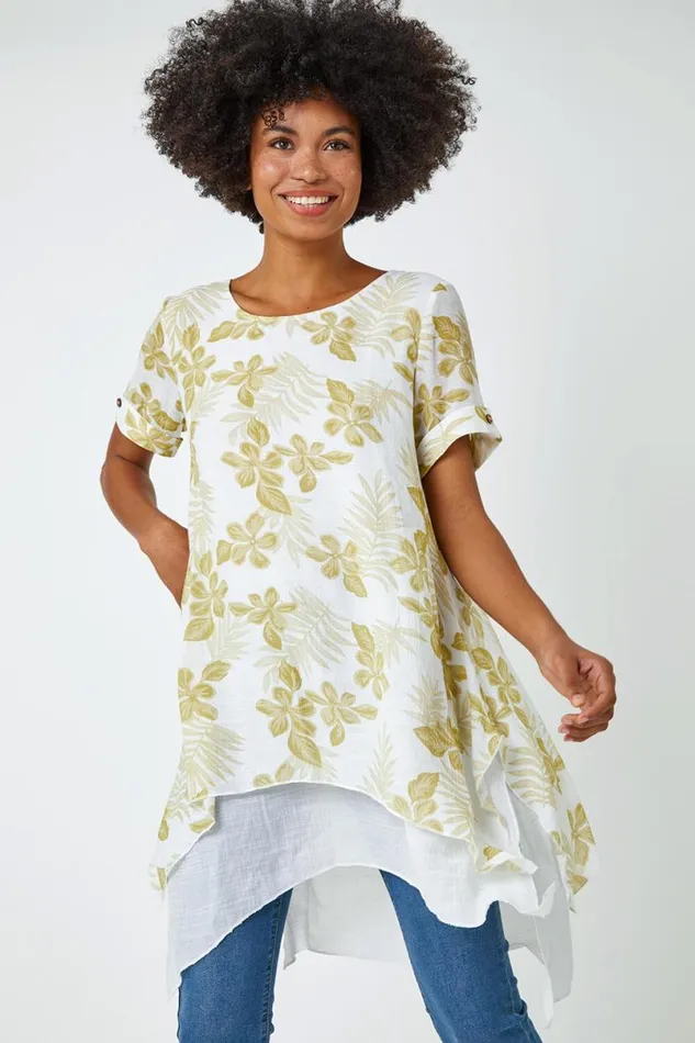 Olive Palm Print Hanky Hem Tunic Top Women Roman Tops