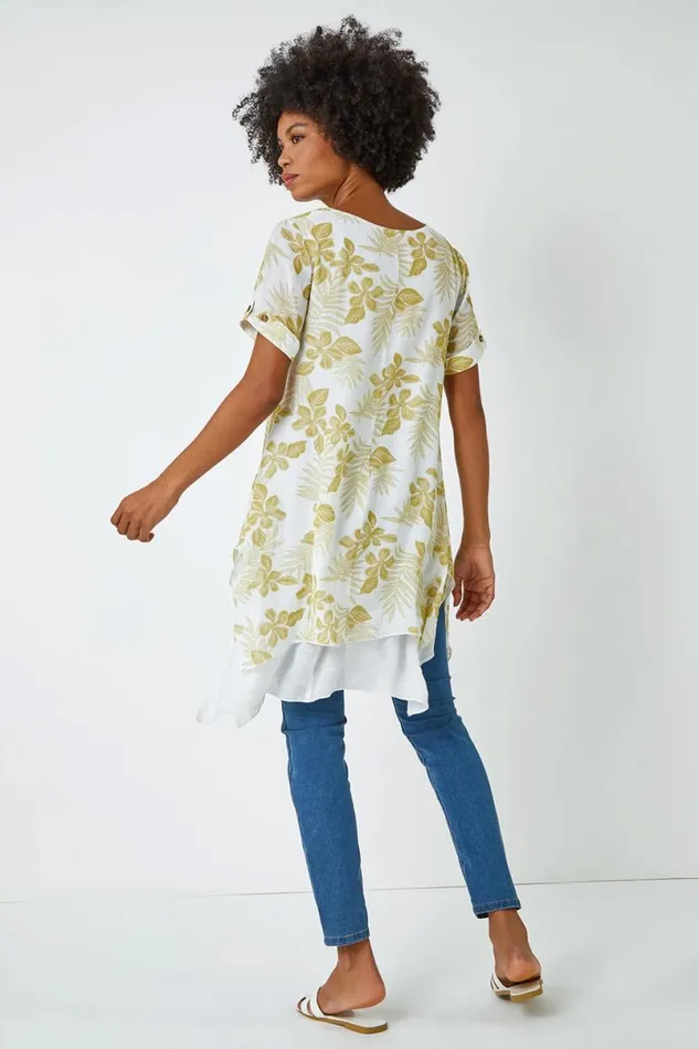 Olive Palm Print Hanky Hem Tunic Top Women Roman Tops