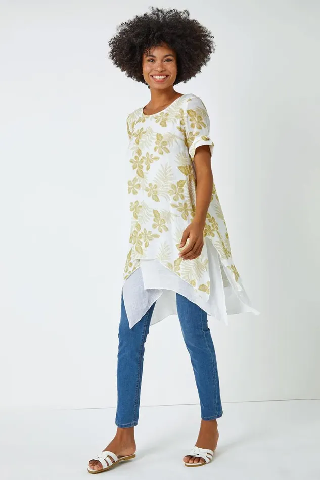 Olive Palm Print Hanky Hem Tunic Top Women Roman Tops