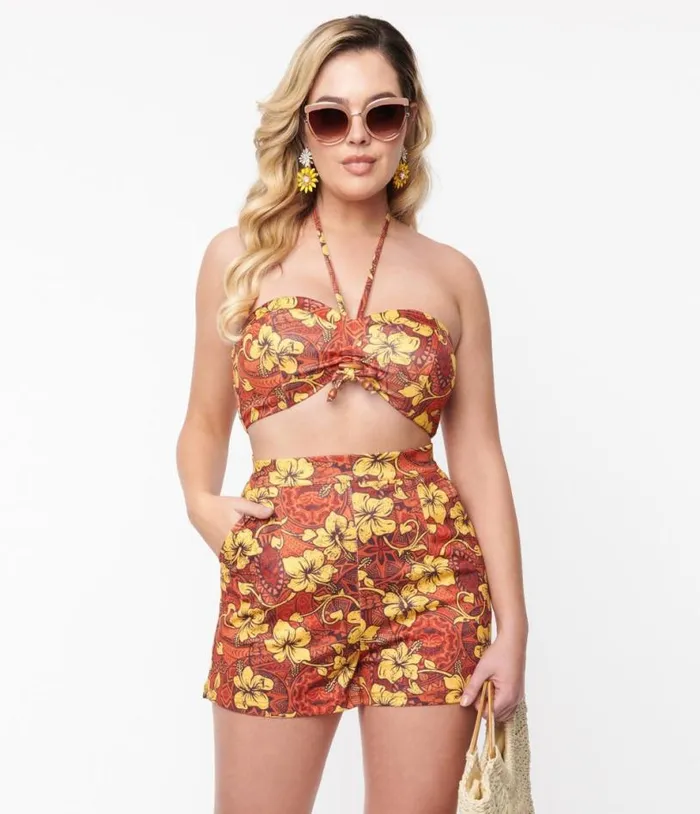 Orange and Yellow Tropical Floral Mimosa Tube Top Clothing Unique Vintage Blouses