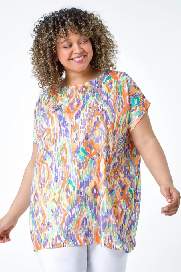 Orange Curve Aztec Foil Print Top Women Roman Tops