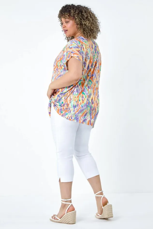 Orange Curve Aztec Foil Print Top Women Roman Tops