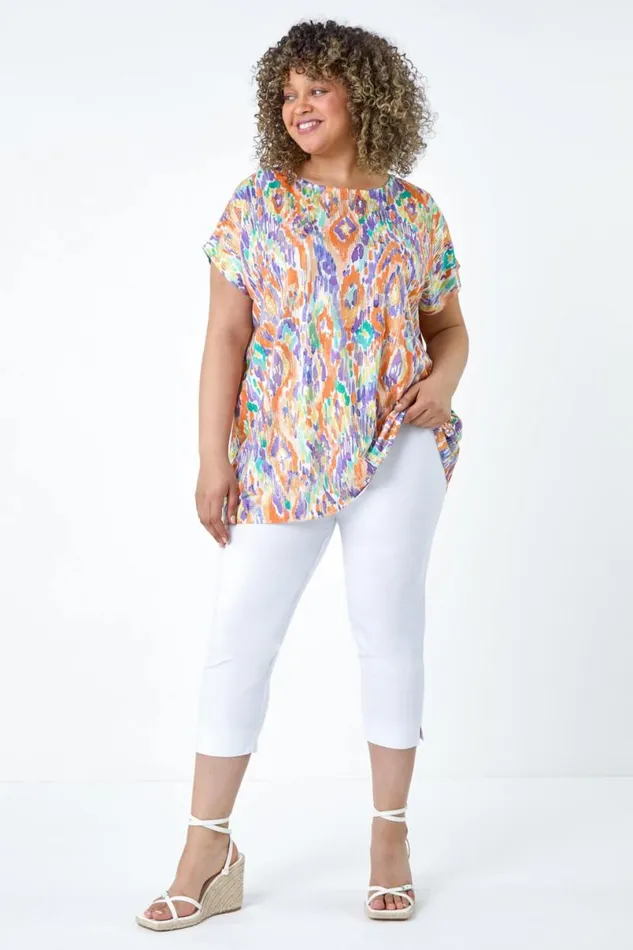 Orange Curve Aztec Foil Print Top Women Roman Tops