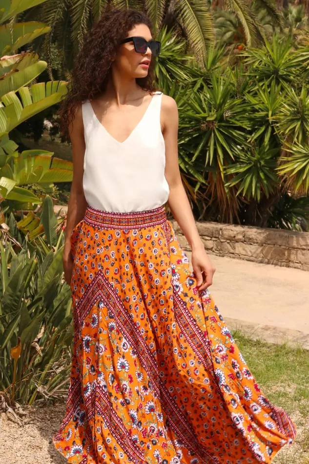 Orange Floral Print Boho Elastic Waist Maxi Skirt Women Roman Skirts