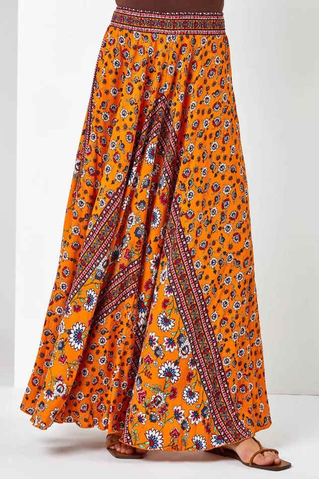 Orange Floral Print Boho Elastic Waist Maxi Skirt Women Roman Skirts