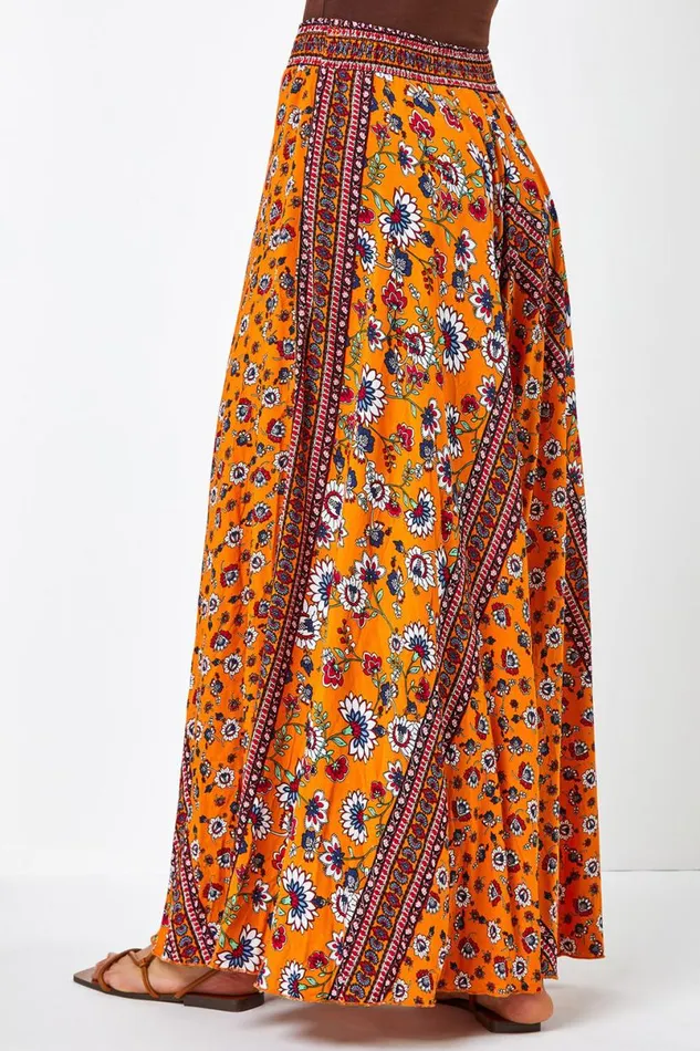 Orange Floral Print Boho Elastic Waist Maxi Skirt Women Roman Skirts