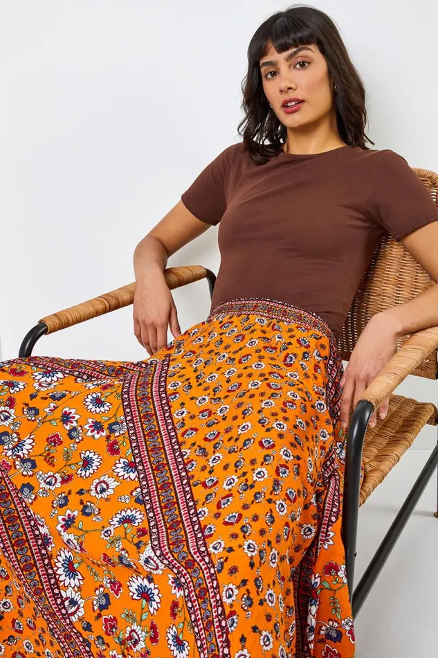 Orange Floral Print Boho Elastic Waist Maxi Skirt Women Roman Skirts