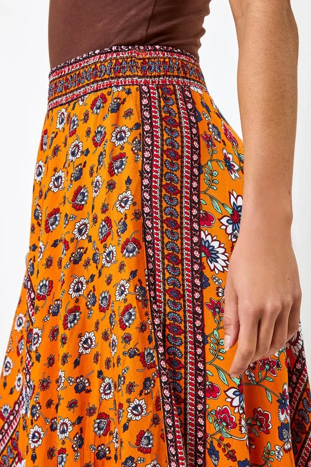 Orange Floral Print Boho Elastic Waist Maxi Skirt Women Roman Skirts