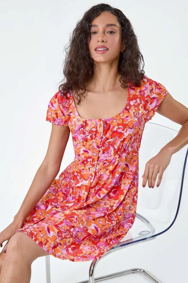 Orange Floral Print Button Through Dress Women Roman Dresses