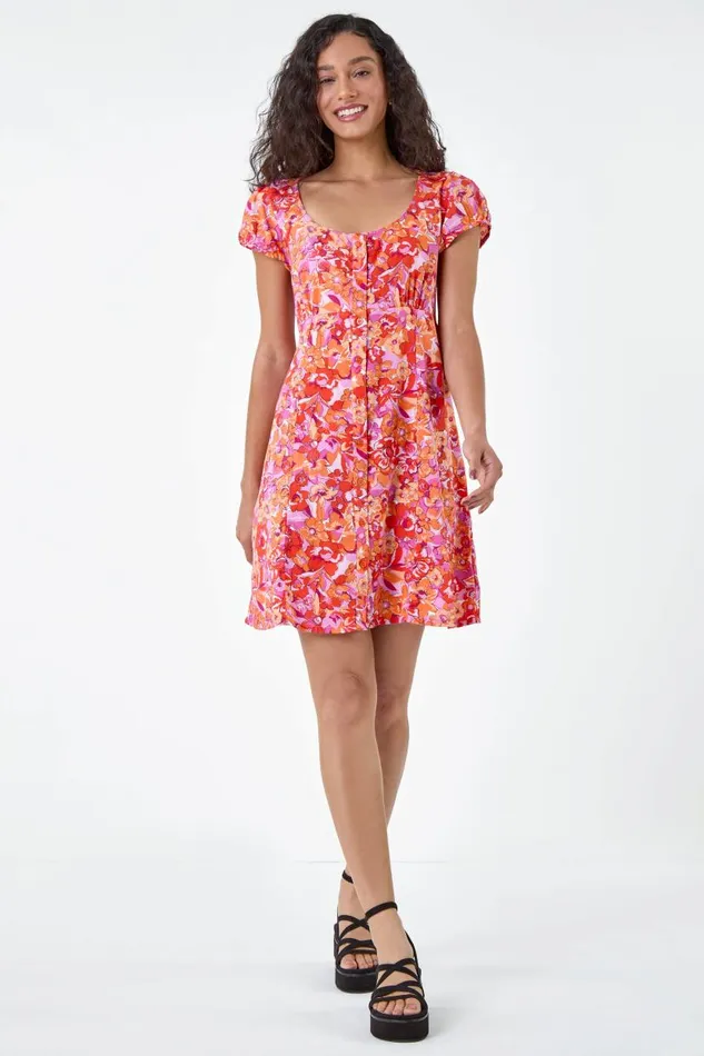 Orange Floral Print Button Through Dress Women Roman Dresses