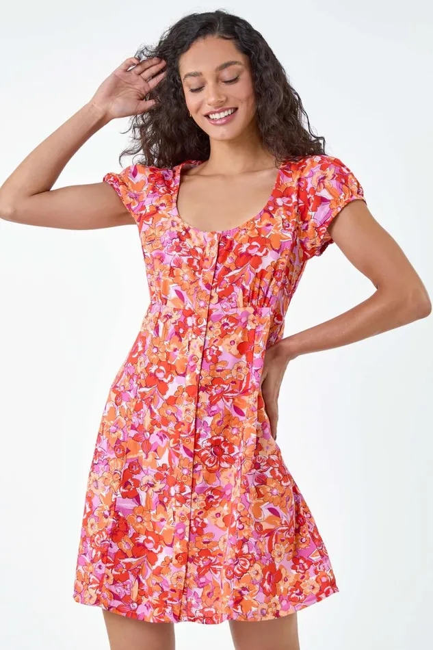 Orange Floral Print Button Through Dress Women Roman Dresses