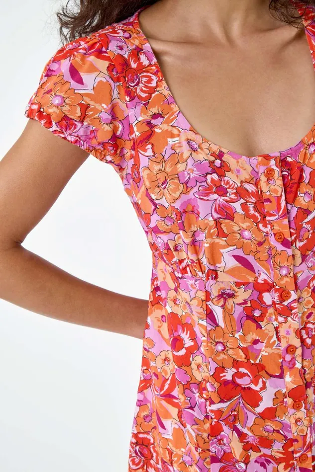 Orange Floral Print Button Through Dress Women Roman Dresses