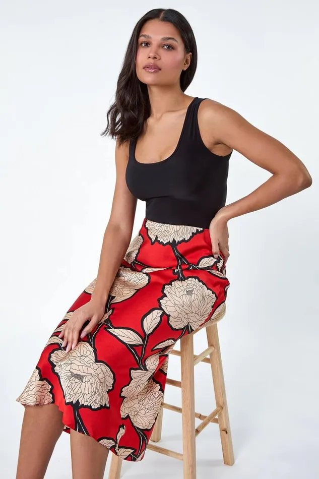 Orange Floral Satin Bias Cut Midi Elastic Waist Skirt Women Roman Skirts