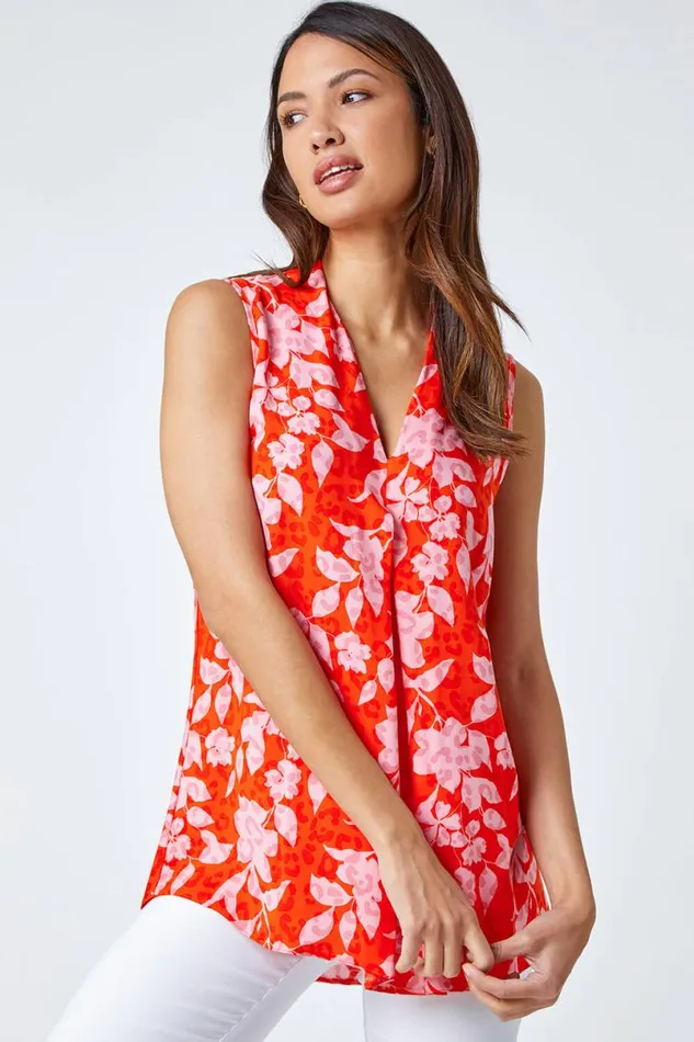 Orange Floral VNeck Pleat Detail Vest Top Women Roman Tops