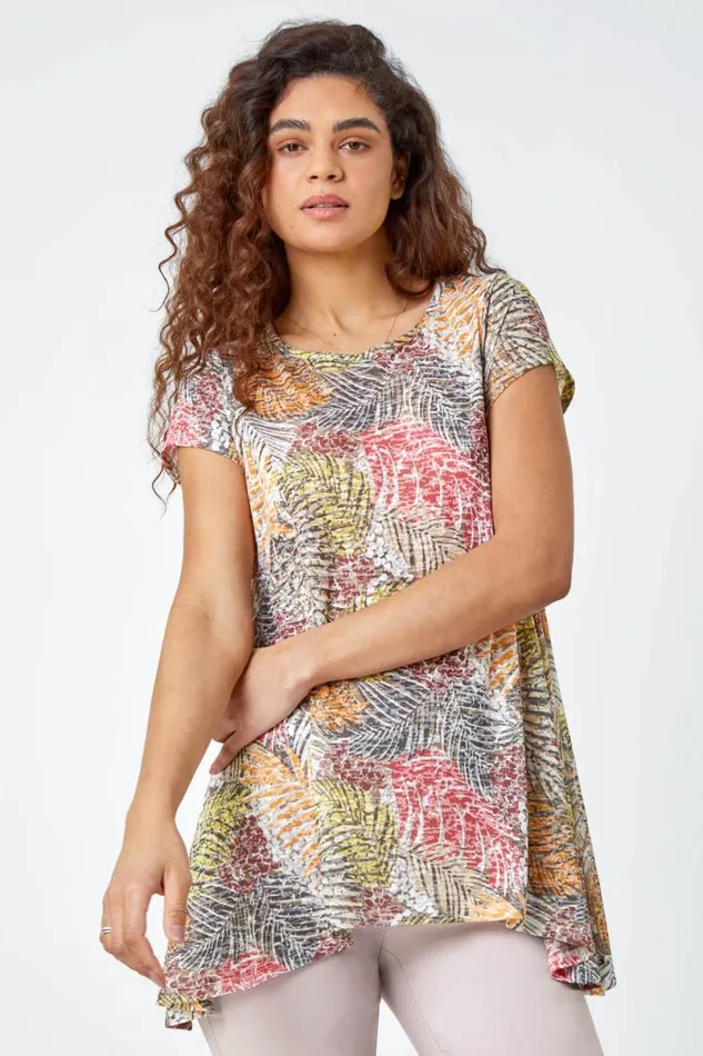 Orange Leaf Stretch Hanky Hem Tunic Top Women Roman Tops