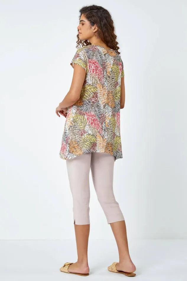 Orange Leaf Stretch Hanky Hem Tunic Top Women Roman Tops