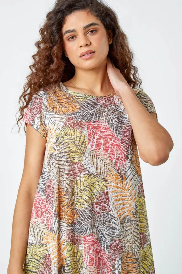 Orange Leaf Stretch Hanky Hem Tunic Top Women Roman Tops