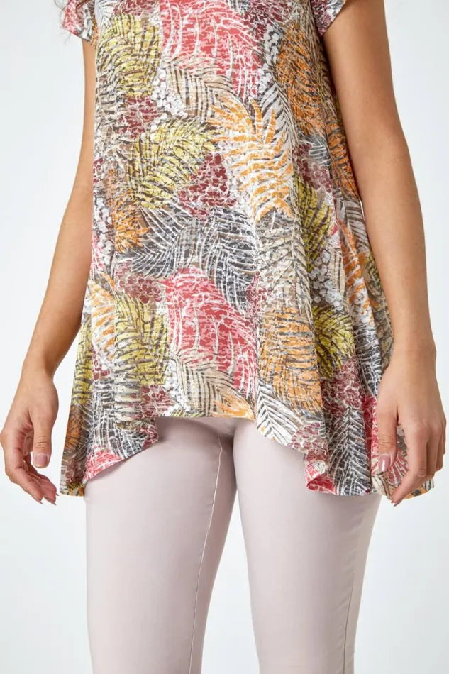 Orange Leaf Stretch Hanky Hem Tunic Top Women Roman Tops
