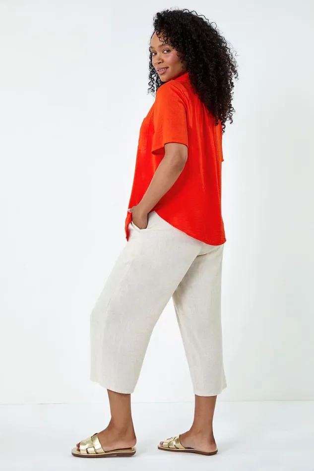 Orange Petite Button Up Pocket Shirt Women Roman Tops