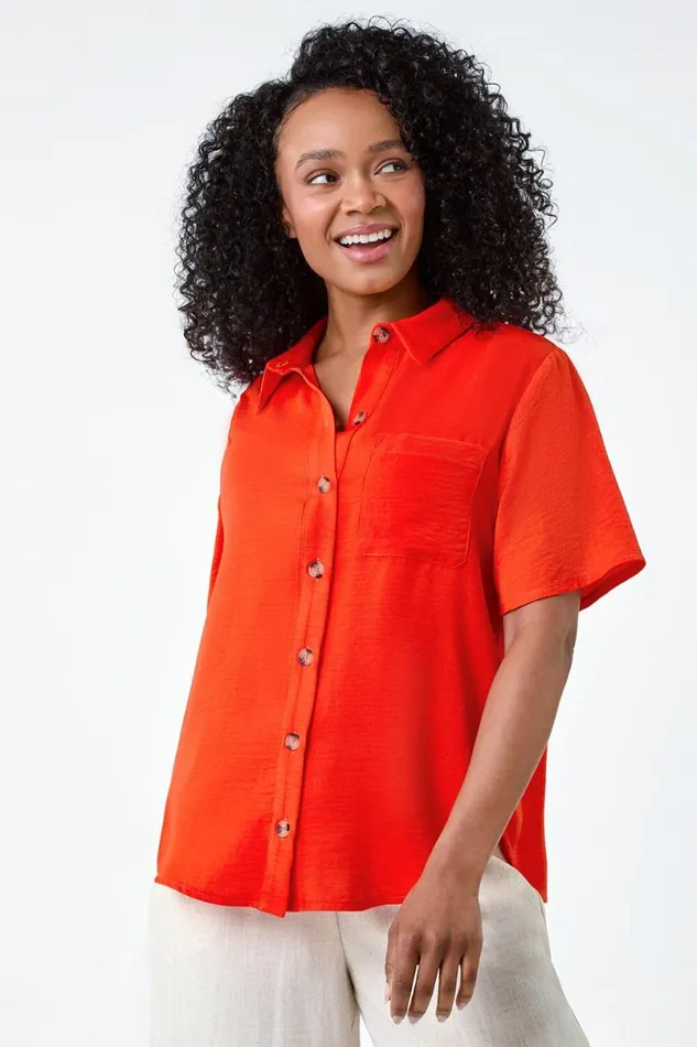 Orange Petite Button Up Pocket Shirt Women Roman Tops