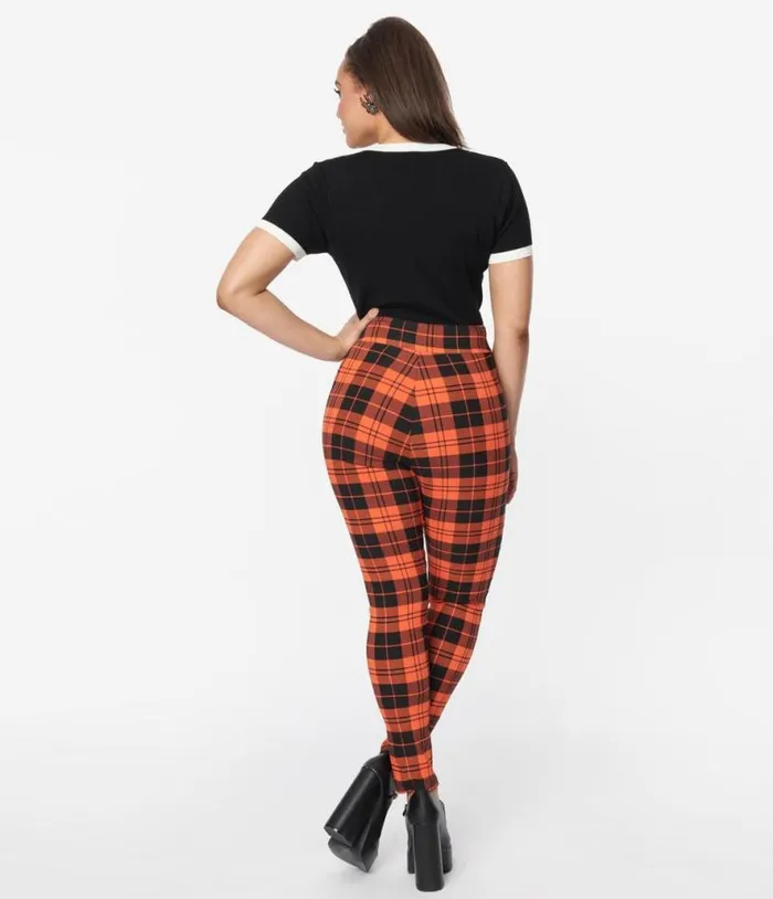 Orange Plaid Rizzo Cigarette Pants ClothingHalloweenPlus Unique Vintage Bottoms