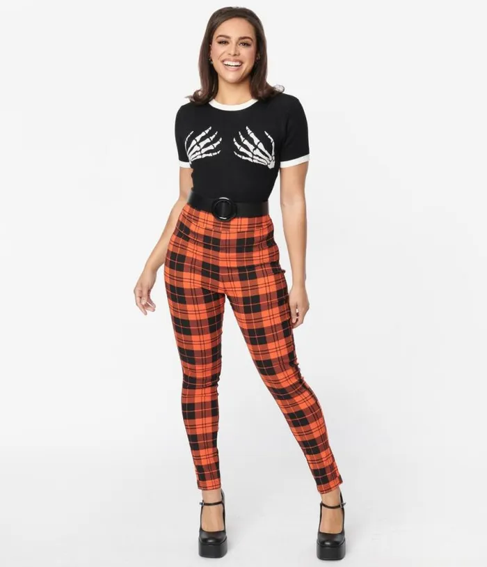 Orange Plaid Rizzo Cigarette Pants ClothingHalloweenPlus Unique Vintage Bottoms