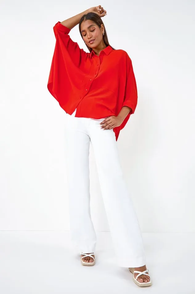 Orange Relaxed Smart Stretch Shirt Women Roman Tops