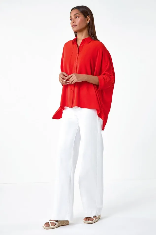 Orange Relaxed Smart Stretch Shirt Women Roman Tops