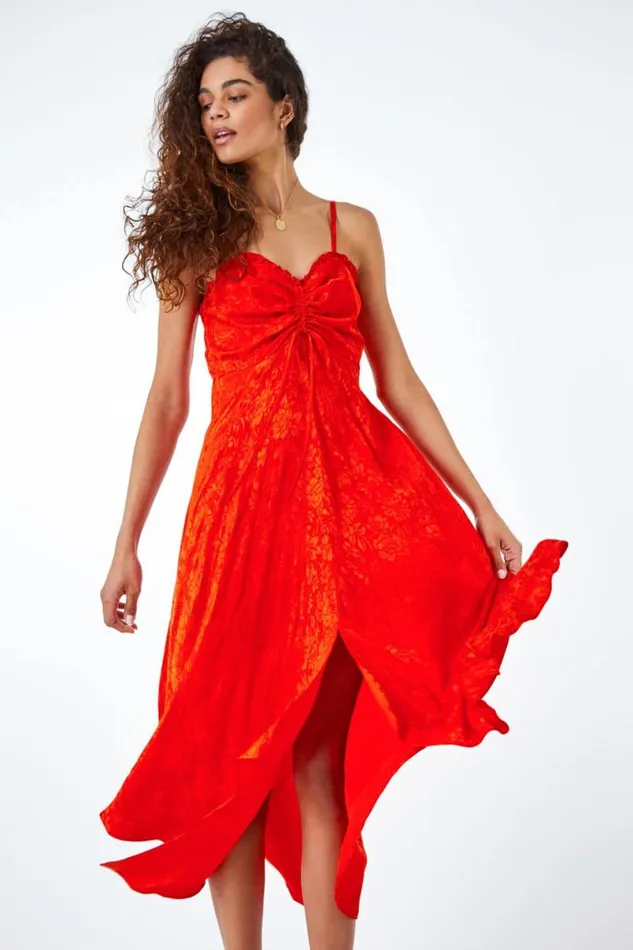Orange Satin Ruffle Detail Jacquard Midi Dress Women Roman Dresses