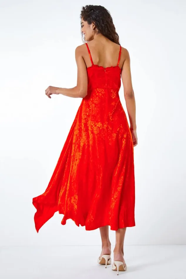 Orange Satin Ruffle Detail Jacquard Midi Dress Women Roman Dresses