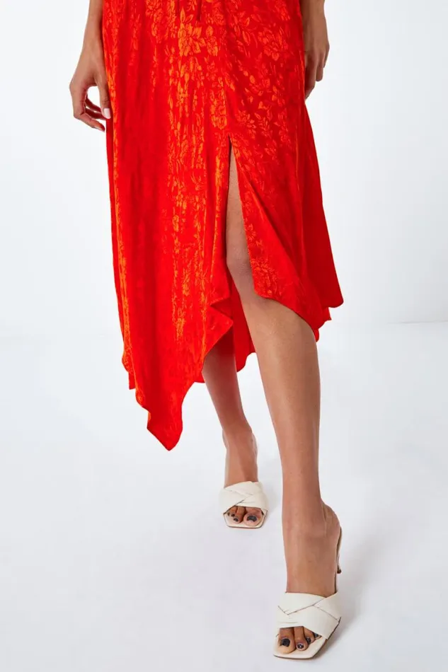 Orange Satin Ruffle Detail Jacquard Midi Dress Women Roman Dresses