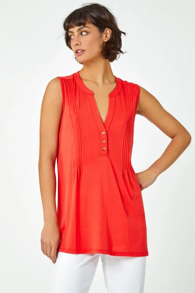 Orange Sleeveless VNeck Button Detail Vest Women Roman Tops