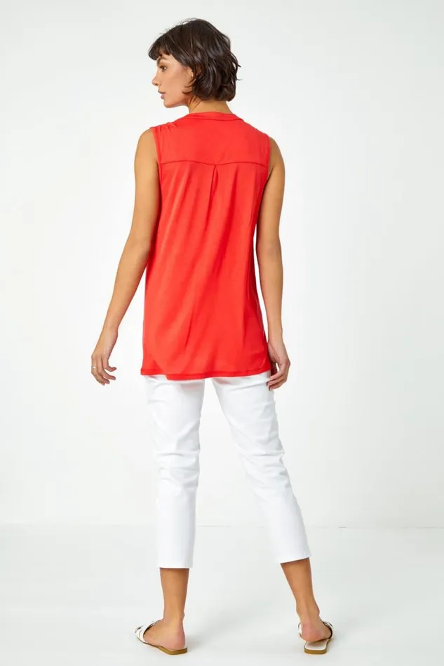 Orange Sleeveless VNeck Button Detail Vest Women Roman Tops