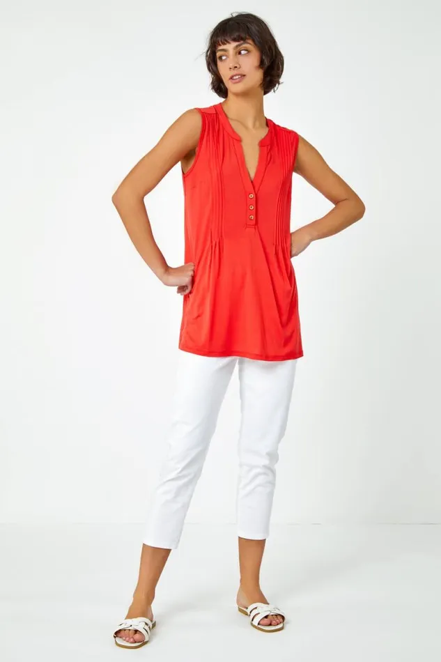 Orange Sleeveless VNeck Button Detail Vest Women Roman Tops