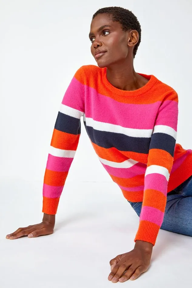 Orange Stripe Print Stretch Knit Jumper Women Roman Knitwear