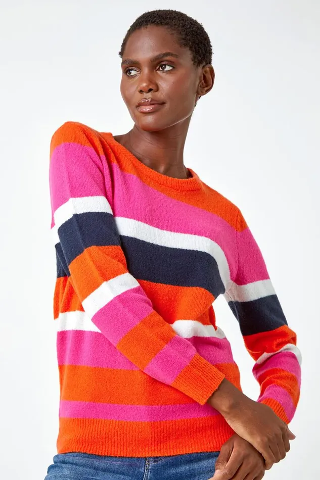 Orange Stripe Print Stretch Knit Jumper Women Roman Knitwear