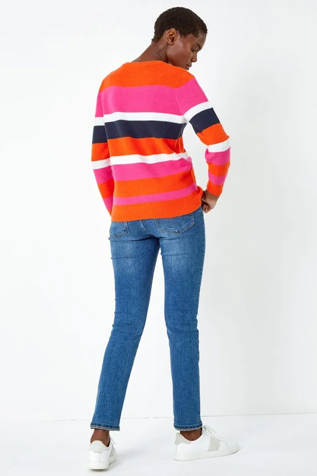 Orange Stripe Print Stretch Knit Jumper Women Roman Knitwear