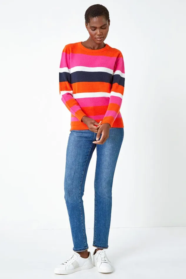 Orange Stripe Print Stretch Knit Jumper Women Roman Knitwear