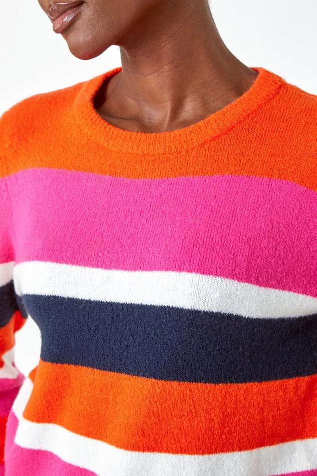 Orange Stripe Print Stretch Knit Jumper Women Roman Knitwear