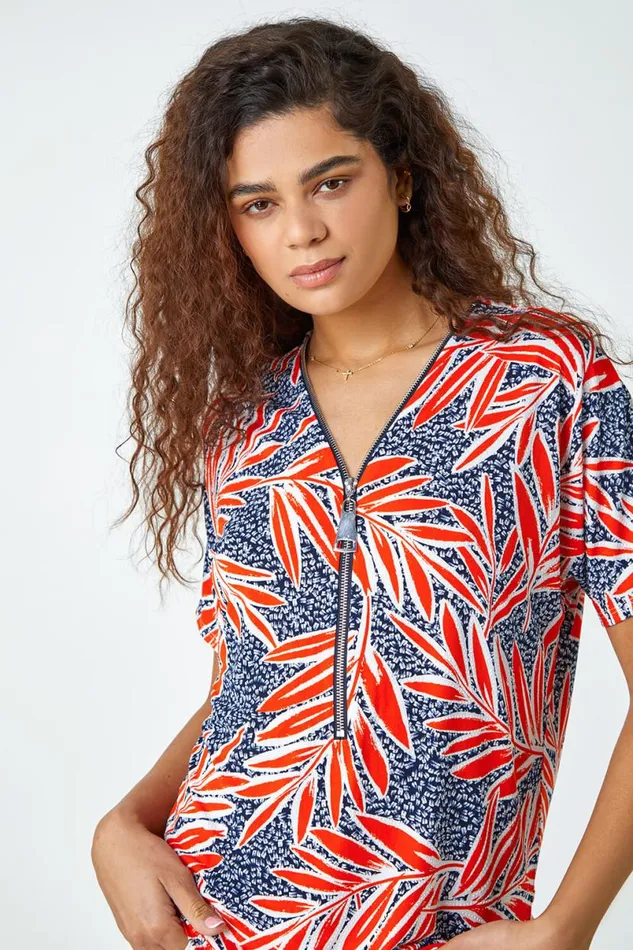 Orange Textured Leaf Zip Detail VNeck Stretch Top Women Roman Tops