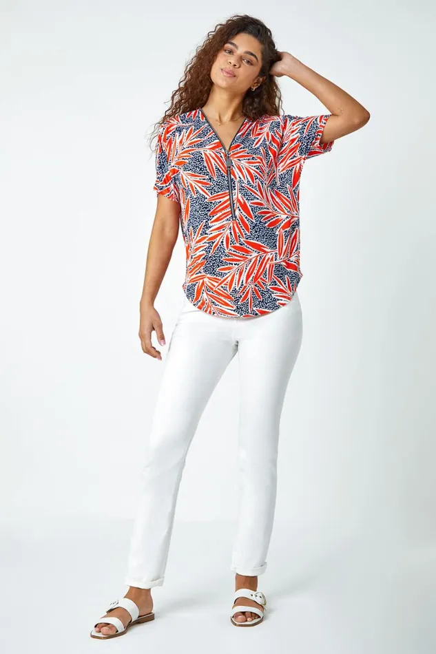Orange Textured Leaf Zip Detail VNeck Stretch Top Women Roman Tops