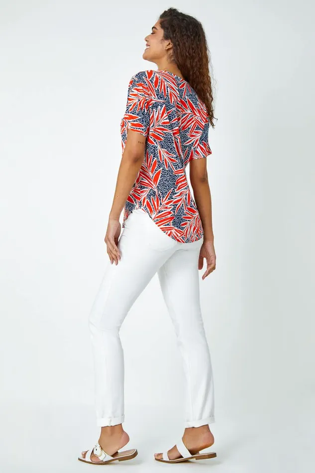Orange Textured Leaf Zip Detail VNeck Stretch Top Women Roman Tops