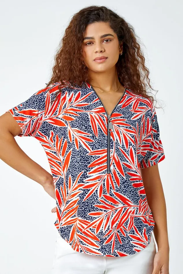 Orange Textured Leaf Zip Detail VNeck Stretch Top Women Roman Tops