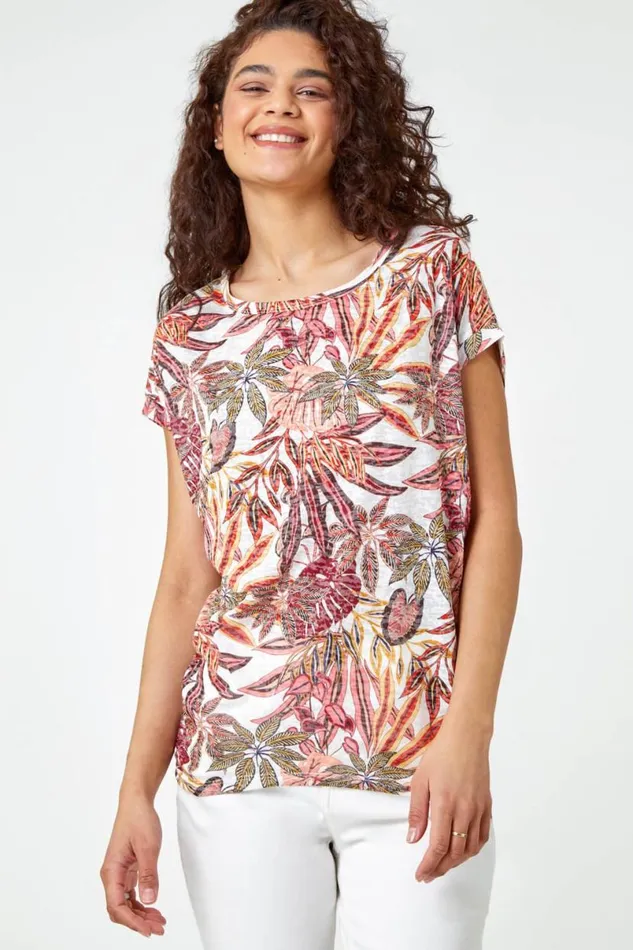 Orange Textured Palm Print Cocoon Top Women Roman Tops